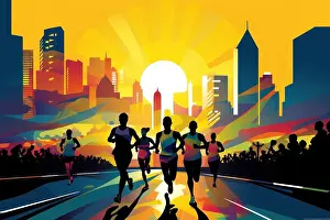 Runner Prints: Colorful Running marathon poster, people run, colorful poster. illustration