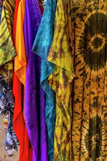 Street Scene Prints: Colorful tie dye fabrics on the Albert Market in Banjul, The Gambia