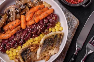 Mixed Prints: A colorful vegetarian dish consists of fish