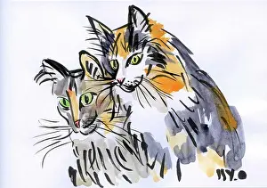 Expressive Prints: Colorful watercolor painting of two cats captures their playful and curious nature beautifully