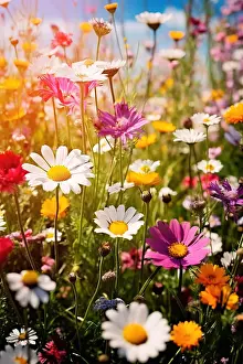 Tulip Prints: Colorful wild flowers in field close up shot. Generative AI