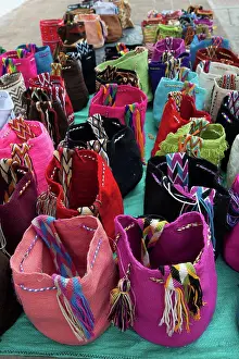 Handicraft Prints: Colorful Woven Wayuu Bags Made By Indigenous People For Sale In The Old Town Of Santa Marta