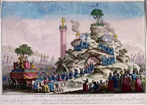 Jacques Prints: Coloured illustration depicting a parade in Rue Jacques for the celebrations of the Supreme Being on 20 Prairial Year