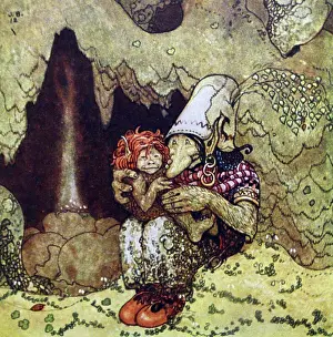 Swedish Prints: Coloured illustration of Humpe and his Mother from the Swedish Folklore and fairy tale book Among Gnomes and Trolls