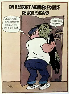Grandpa Prints: Coloured illustration of a man pulling a decrepit old man out of a broom cupboard