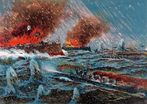 Battle Prints: Coloured woodcut illustration of Japanese naval forces fighting the Russian Men-of-war in a stormy sea