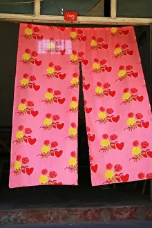 Heart Prints: Colourful curtain at the entrace of a house, Yawnghwe, Shan State, Myanmar, Burma, Asia