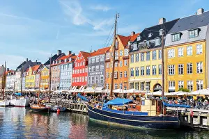 Denmark Prints: Colourful houses and wooden boats in Nyhavn harbour