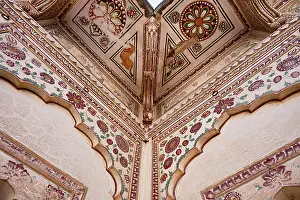 Frescoes Prints: Colourful paintings on the inner wall of Shri Raghunath Ji Ka Bada Mandir located in Mahansar