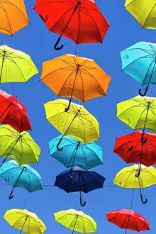 Colourful Prints: Colourful umbrellas suspended above a street in Liverpool