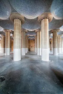 Urban Environment Prints: Columns and small tiled domes in Hypostyle Room in Park Guell