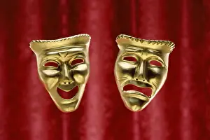 Colored Background Prints: Comedy and tragedy theater masks