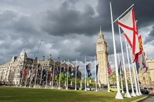 Westminster Prints: Commonwealth flags in front of Big Ben in London.