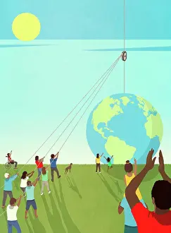 Large Group Of People Prints: Community hoisting globe with pulley