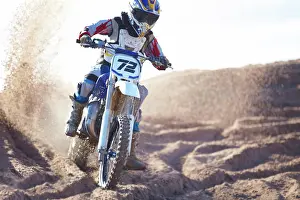 Gear Prints: Competition, sand and motorbike for sports with action for challenge on course with power