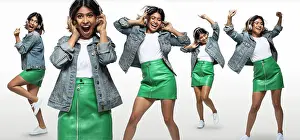Denim Prints: Composite portrait of woman wearing headphones and dancing on white background