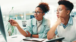 Conversation Prints: Computer, planning and team with business people in office for gaming developer
