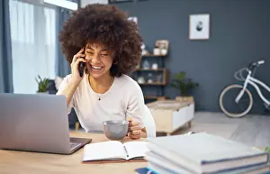 Conversation Prints: Computer, working black woman and happy phone call or a remote employee with morning coffee