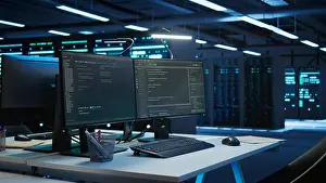 Electronics Prints: Computers in data center used for managing infrastructure rigs energy consumption