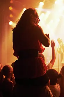 Spotlight Prints: Concert, woman and friends at festival with piggyback for party