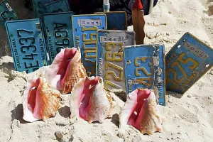 Beaches Prints: Conch shells and car licence plates are sold as souvenirs at Cabbage Beach