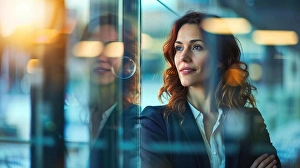 Decision Prints: Confident businesswoman standing in front of a window in a high rise building