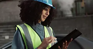 Builder Prints: Construction, planning and black woman on tablet in city for inspection