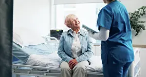 Advice Prints: Consultation, hospital and nurse with senior woman for healthcare support