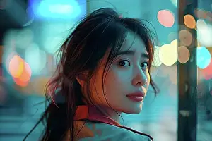 Thoughtful Prints: A contemplative woman surrounded by night city lights and bokeh, AI generated