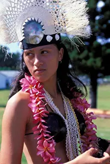 Island Prints: COOK ISLANDS, AITUTAKI ISLAND, PROTRAIT OF WOMAN (DANCER) IN TRADITIONAL CLOTHING