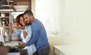 Mockup Prints: Cooking, black couple and hug in a kitchen with marriage and love at home with mockup
