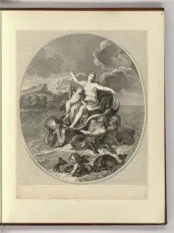 Copper Prints: Copper engraving and etching by Charles Simonneau between 1660 and 1728 depicting Venus and Amor on a shell