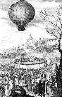 Globe Prints: Copperplate engraving of the Hydrogen Balloon designed by the Montgolfier Brothers