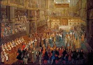 The coronation of Louis XV in the Rheims Cathedral