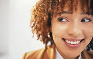 Vision Prints: Corporate black woman, headshot and smile with beauty
