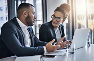 Paperwork Prints: Corporate, business meeting and people with laptop for website research