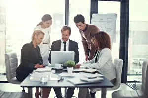 Paperwork Prints: Corporate, man and staff on laptop in meeting of insurance report
