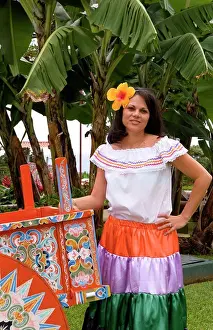 Costa Prints: Costa Rican Woman In Traditional Dress Next To Traditional Carriage In And Around Costa Rica