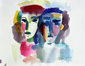 Chinese American Prints: Couple 1994 Diana Ong (b.1940 Chinese-American) Watercolor Private Collection