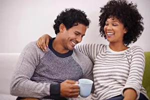 Lounge Prints: Couple, couch and hug for care and coffee in home