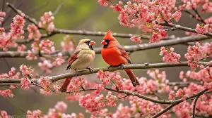 Avian Prints: Couple of Northern cardinal birds on cherry blossom tree.Generative AI