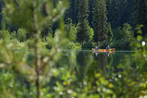 Paddle Prints: A couple paddle a yellow canoe across Unna Lake in Bowron Lake Provincial Park