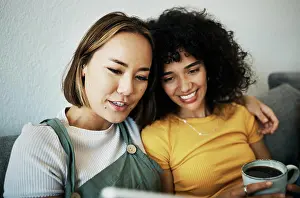 Video Prints: Couple sofa and women relax with coffee and technology for social media