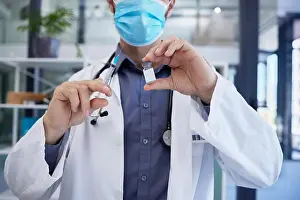 Doctors Prints: Covid, doctor hands and vaccine in hospital for health