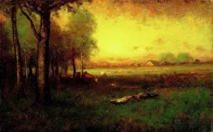 Dawn Prints: Cows Grazing at Sunset. George Inness, Sr. (1825-1894). Oil on canvas. 22.9 x 35.7cm