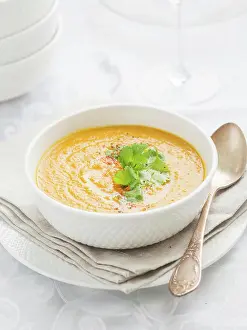 Vegetables Prints: Creamy pumpkin soup on a clear background