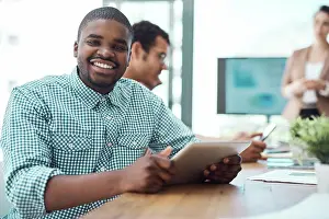 Project Management Prints: Creative, black businessman and portrait in meeting with tablet by website design company for brand identity