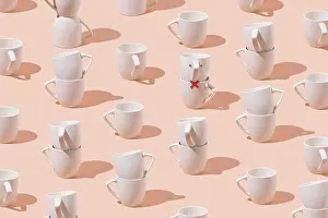 Tableware Prints: Creative pattern of cups on pastel pink background. Minimal concept. Isometric