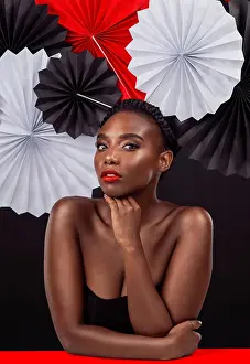 Fans Prints: Creative, portrait and black woman with origami fans in studio