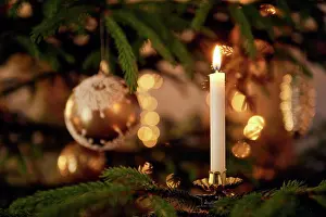 Burning Prints: Crhist tree with baubles and candles, Still life of Christmas